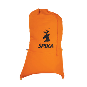 Spika Drover large meat bag in blaze orange with drawstring closure and Spika stag logo, filled