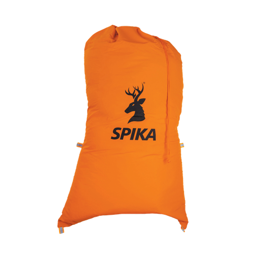 Spika Drover large meat bag in blaze orange with drawstring closure and Spika stag logo, filled