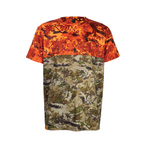 Spika Trail men's hunting T-shirt in Biarri Blaze, front view with blaze orange upper and camo body