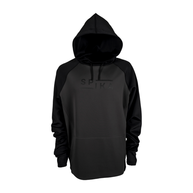 Spika GO Scuba men's hoodie in slate and black, front view with black raglan sleeves and hood