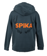 Spika Red Stag youth hoodie in Washed Pine, back view with large orange Spika logo and antler graphic