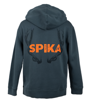 Spika Red Stag youth hoodie in Washed Pine, back view with large orange Spika logo and antler graphic