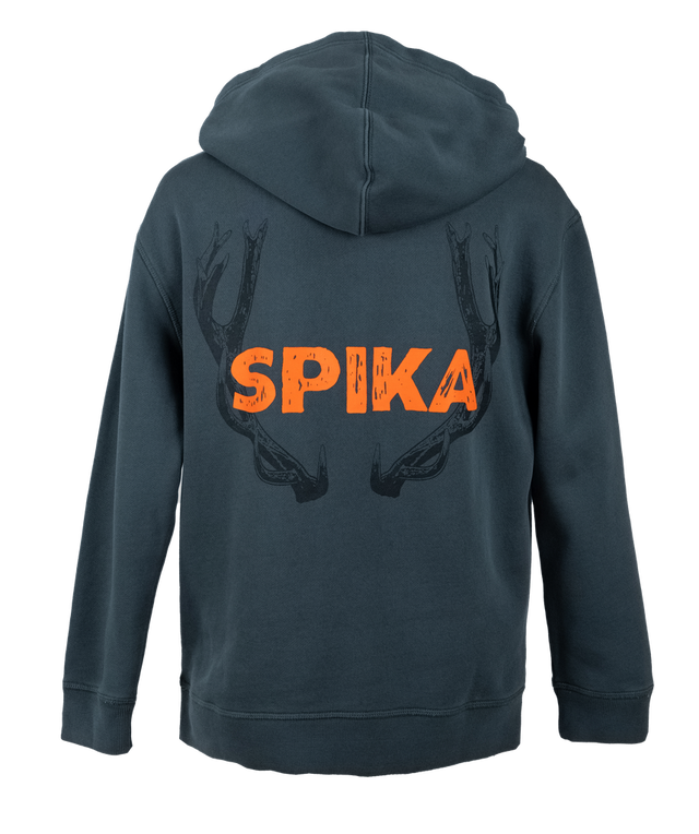 Spika Red Stag youth hoodie in Washed Pine, back view with large orange Spika logo and antler graphic