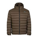 Spika Hideout men's packable puffer jacket in Mud Brown, front view with hood and full zip