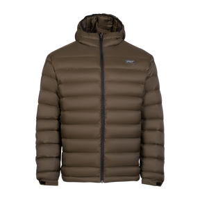 Spika Hideout men's packable puffer jacket in Mud Brown, front view with hood and full zip