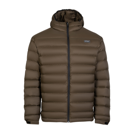 Spika Hideout men's packable puffer jacket in Mud Brown, front view with hood and full zip