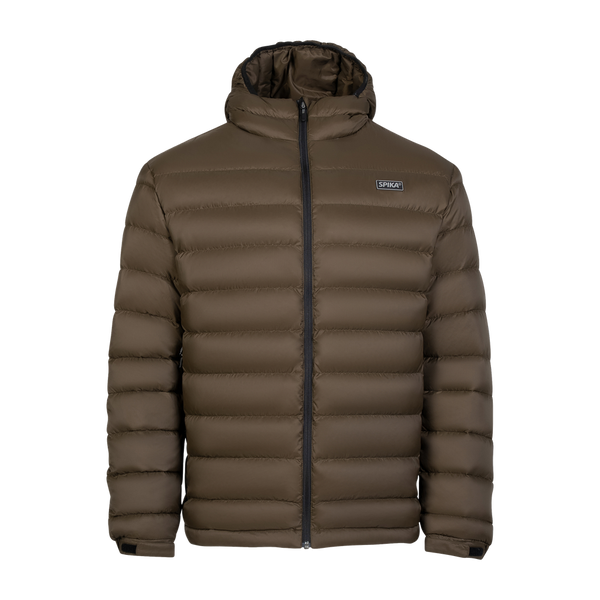Spika Hideout men's packable puffer jacket in Mud Brown, front view with hood and full zip
