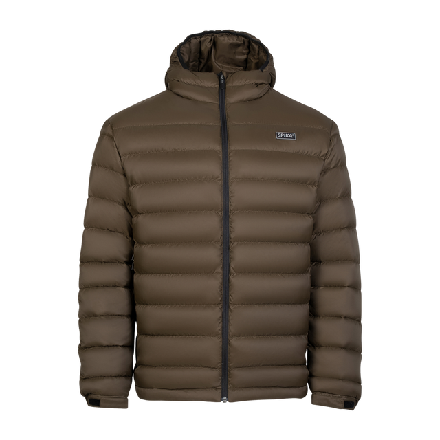 Spika Hideout men's packable puffer jacket in Mud Brown, front view with hood and full zip