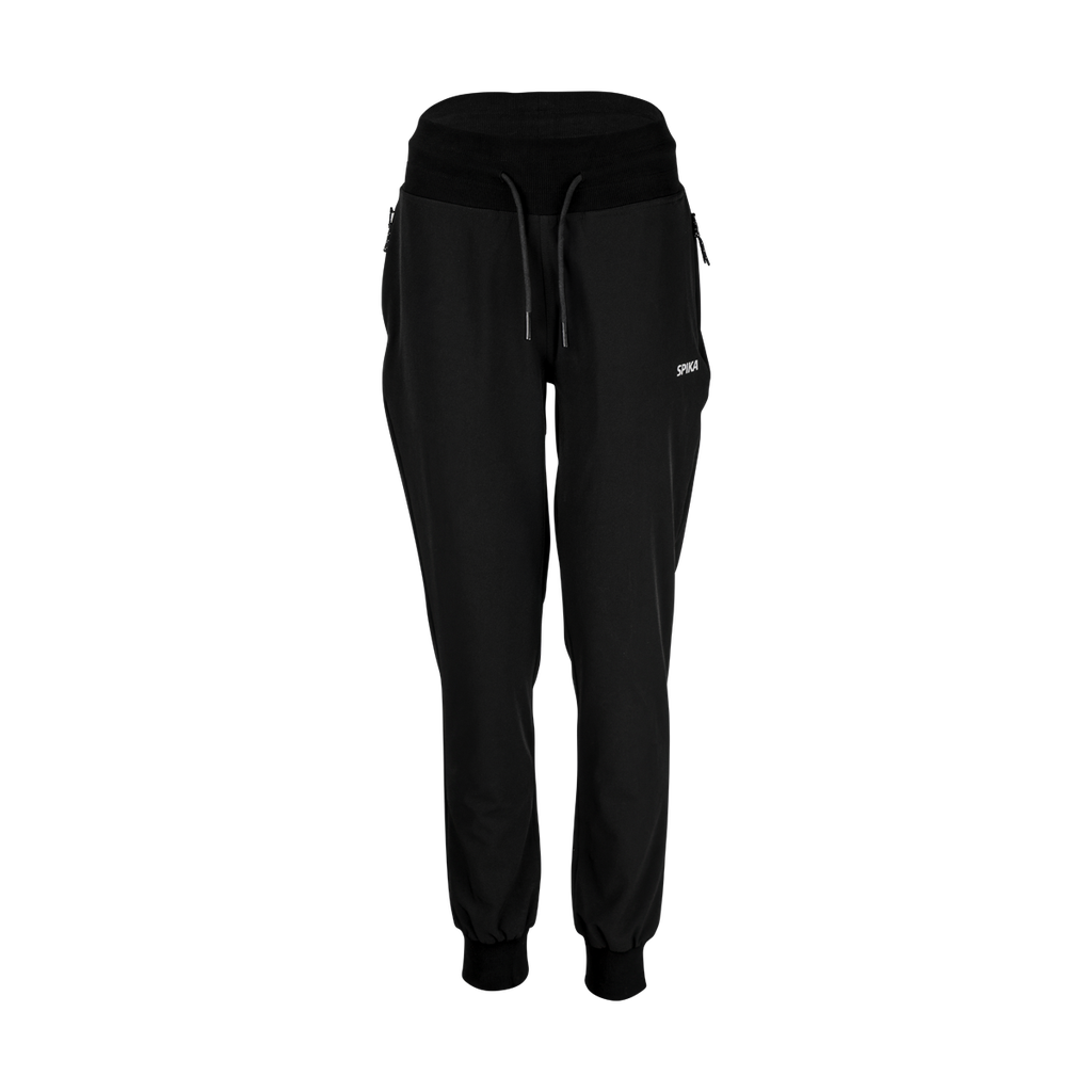 Spika GO Casual women's jogger pants in black, front view with ribbed waistband and drawcord
