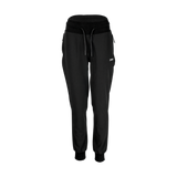 Spika GO Casual women's jogger pants in black, front view with ribbed waistband and drawcord