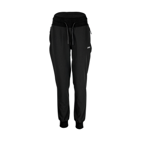 Spika GO Casual women's jogger pants in black, front view with ribbed waistband and drawcord