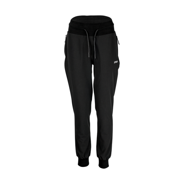 Spika GO Casual women's jogger pants in black, front view with ribbed waistband and drawcord