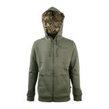 Spika GO Core men's zip-through hoodie in olive, front view with full zip and camo-lined hood