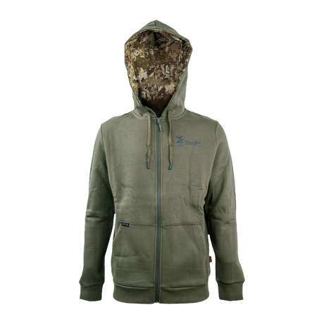 Spika GO Core men's zip-through hoodie in olive, front view with full zip and camo-lined hood