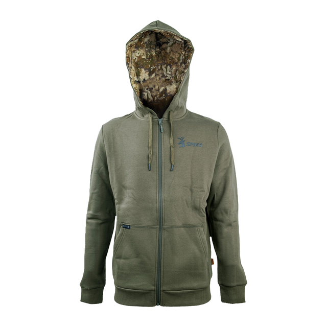 Spika GO Core men's zip-through hoodie in olive, front view with full zip and camo-lined hood