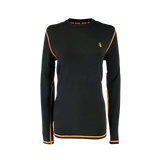 Spika ThermaFlow women's thermal base layer top in Black, front view with orange seams and stag logo
