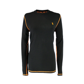 Spika ThermaFlow women's thermal base layer top in Black, front view with orange seams and stag logo