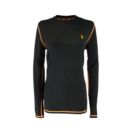 Spika ThermaFlow women's thermal base layer top in Black, front view with orange seams and stag logo
