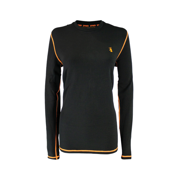 Spika ThermaFlow women's thermal base layer top in Black, front view with orange seams and stag logo