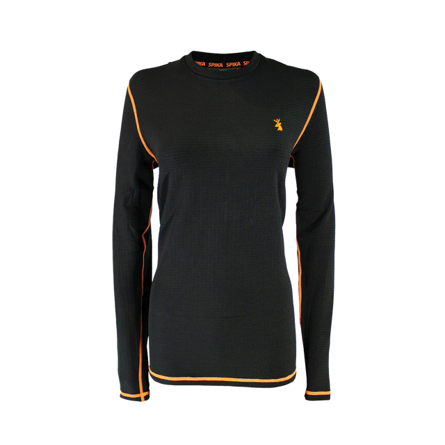Spika ThermaFlow women's thermal base layer top in Black, front view with orange seams and stag logo
