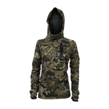 Spika Bandit women's hoodie in Biarri Camo with built-in face mask hood and chest zip pocket, front