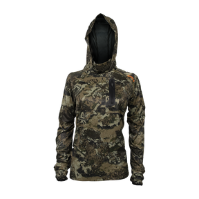 Spika Bandit women's hoodie in Biarri Camo with built-in face mask hood and chest zip pocket, front