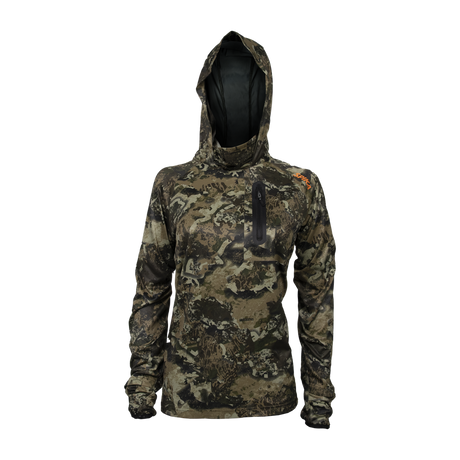 Spika Bandit women's hoodie in Biarri Camo with built-in face mask hood and chest zip pocket, front