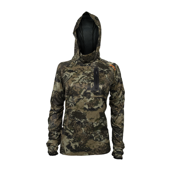 Spika Bandit women's hoodie in Biarri Camo with built-in face mask hood and chest zip pocket, front