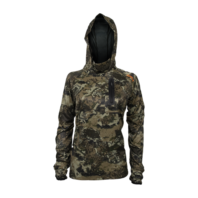 Spika Bandit women's hoodie in Biarri Camo with built-in face mask hood and chest zip pocket, front