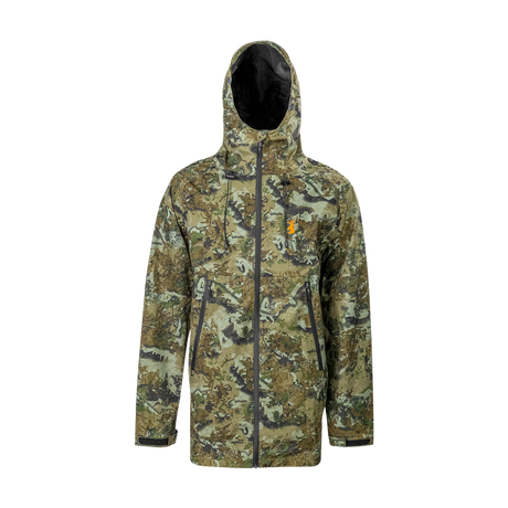 Spika Edge men's waterproof hunting jacket in Biarri Camo with hood and full zip, front view