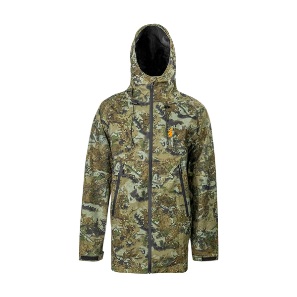 Spika Edge men's waterproof hunting jacket in Biarri Camo with hood and full zip, front view