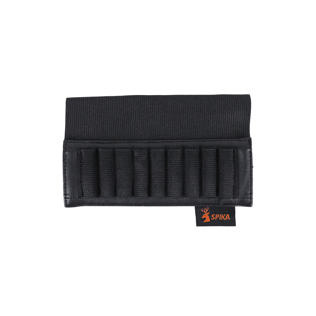 Spika buttstock shell holder in black elastic with nine cartridge loops and Spika logo tab