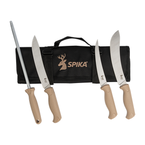 Spika Fieldcraft Cervitaur 4 piece knife roll, three butchery knives and steel with black canvas roll