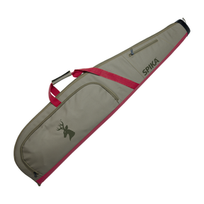 Spika deluxe 49in gun bag in tan with pink trim, front pocket and carry handle