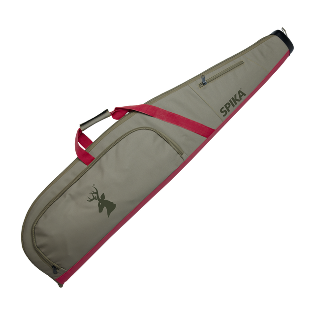 Spika deluxe 49in gun bag in tan with pink trim, front pocket and carry handle