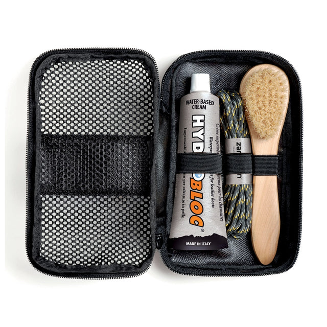 Zamberlan boot cleaning kit open, showing Hydrobloc cream, spare laces and brush in zip case