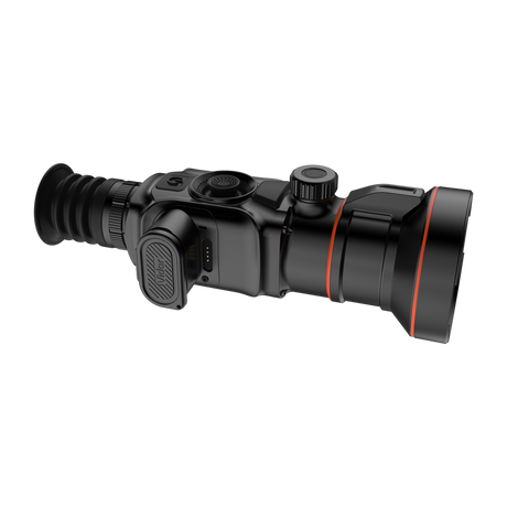 ThermTec Vidar 660 2.0 thermal compact scope, rear three-quarter view showing eyepiece, battery door and turret