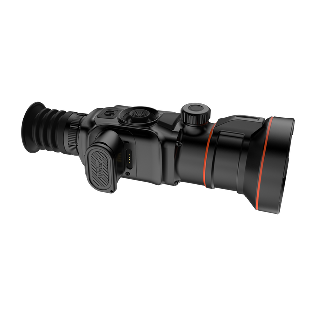 ThermTec Vidar 660 2.0 thermal compact scope, rear three-quarter view showing eyepiece, battery door and turret