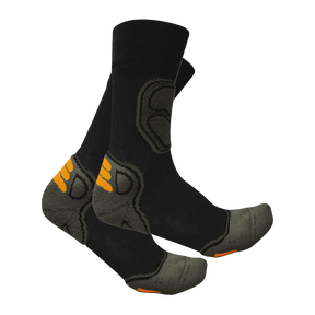 Spika Alpine adult hiking socks in black with grey cushioned heel, toe and orange accents, pair