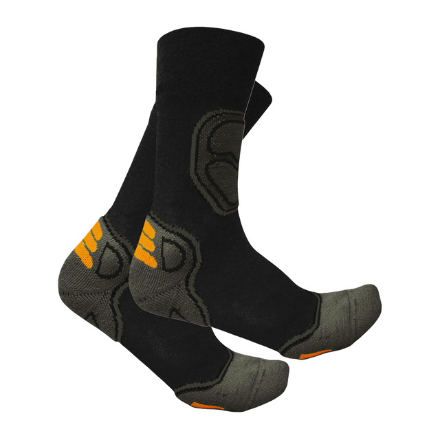 Spika Alpine adult hiking socks in black with grey cushioned heel, toe and orange accents, pair