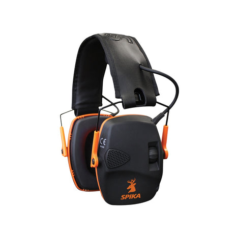 Spika electronic earmuffs in black with orange trim, padded headband, microphone and volume control