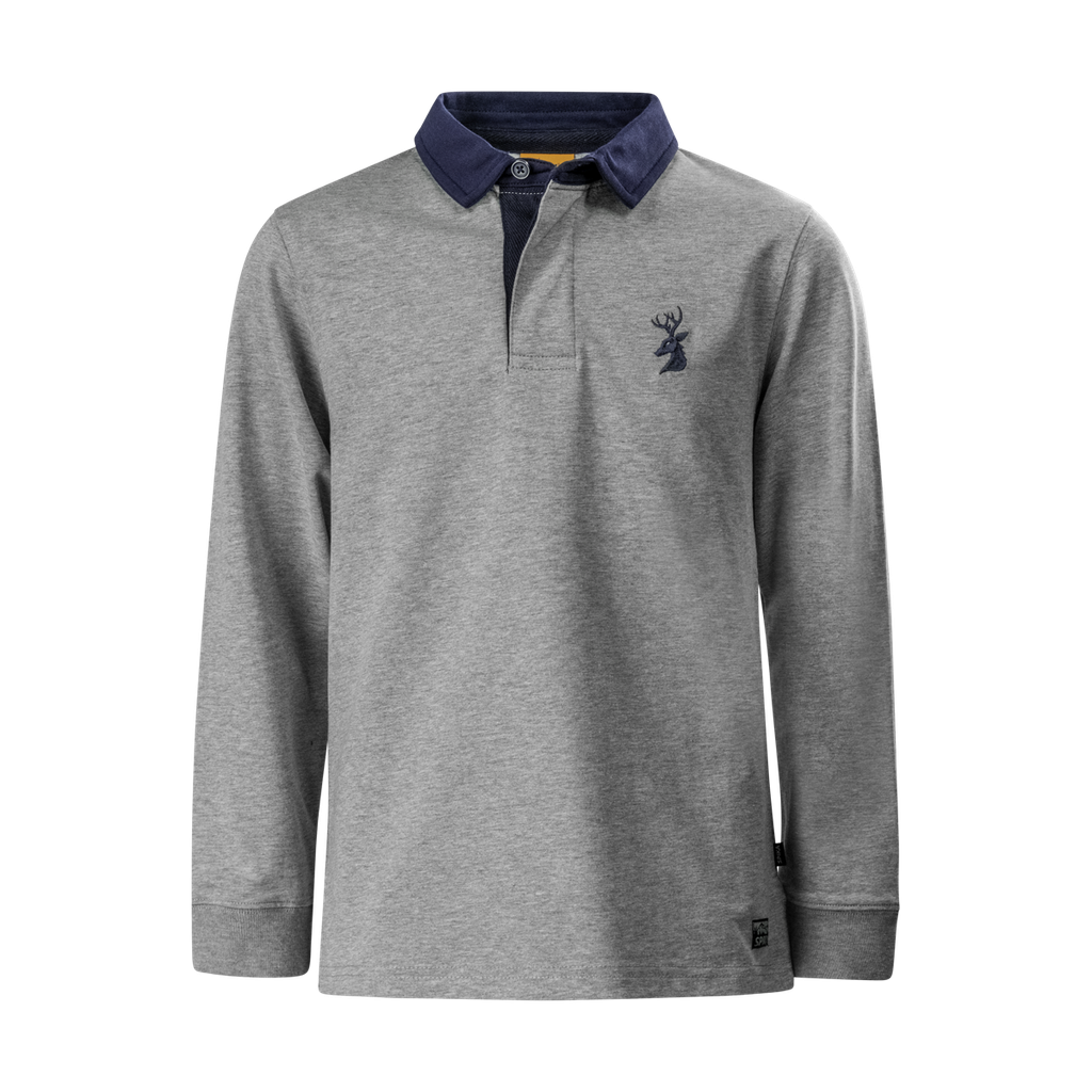Spika GO Advance kids' rugby jumper in grey, front view with navy collar and embroidered stag logo