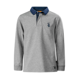 Spika GO Advance kids' rugby jumper in grey, front view with navy collar and embroidered stag logo