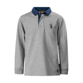 Spika GO Advance kids' rugby jumper in grey, front view with navy collar and embroidered stag logo