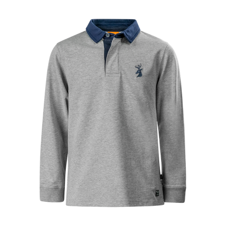 Spika GO Advance kids' rugby jumper in grey, front view with navy collar and embroidered stag logo