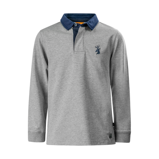 Spika GO Advance kids' rugby jumper in grey, front view with navy collar and embroidered stag logo