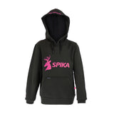 Spika GO Classic girls' hoodie in black, front view with pink stag SPIKA logo and kangaroo pocket