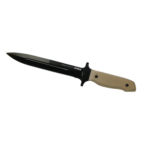 Spika Challenger pig sticker knife with black dagger blade, cross guard and tan textured handle