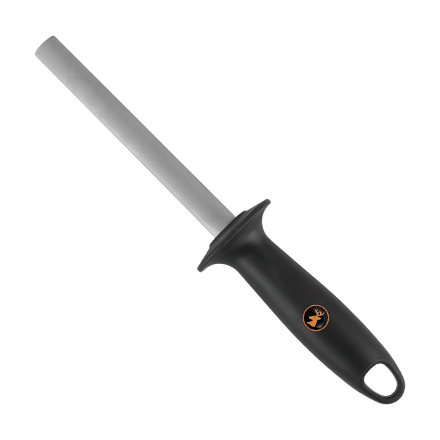 Spika Challenger sharpener with grey sharpening rod and black handle with orange logo