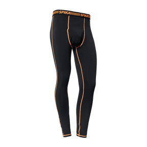 Spika ThermaFlow men's thermal base layer pants in Black with orange seams, front view